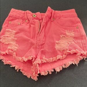 SHEIN Pink Frayed Hem Jean Shorts